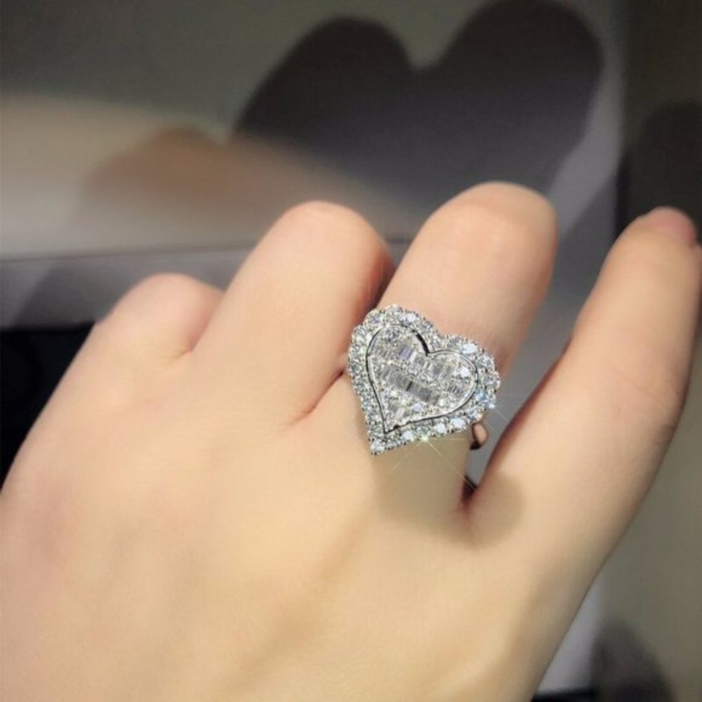 New 925  Silver Baguette Heart Diamond Ring - Picture 3 of 5